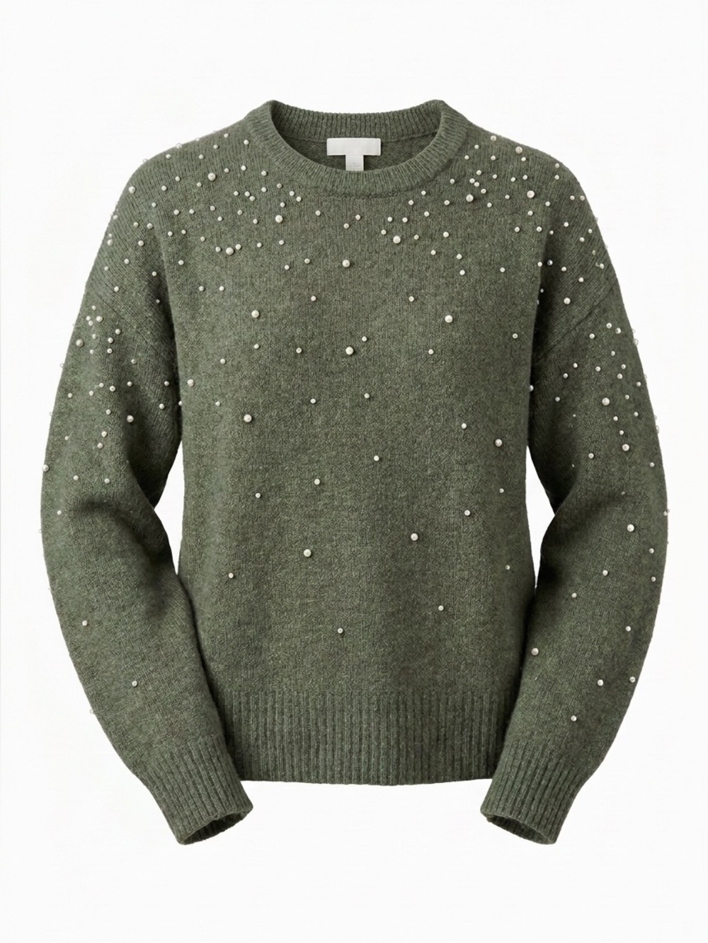 H&M Olive Green Crewneck Sweater with Pearl Accents